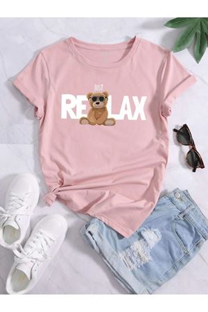 Relax Bear Süprem T-Shirt - Pembe Baskılı Oversize Bisiklet Yaka Tişört