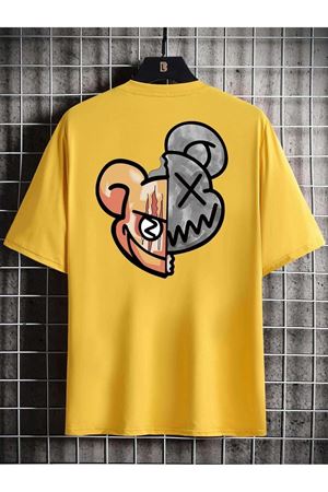 Çift Yüz Ayıcık Süprem T-Shirt - Sarı Baskılı Oversize Bisiklet Yaka Tişört