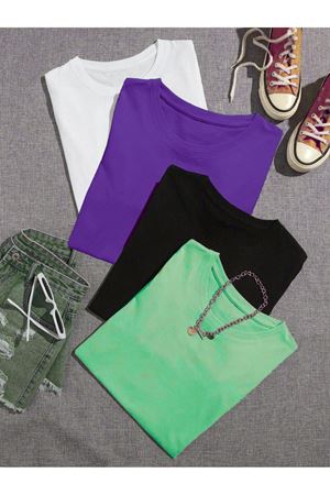 Düz Basic 4'lü Çoklu Kombin T-shirt - Beyaz Mor Siyah Ve Su Yeşili Oversize Bisiklet Yaka