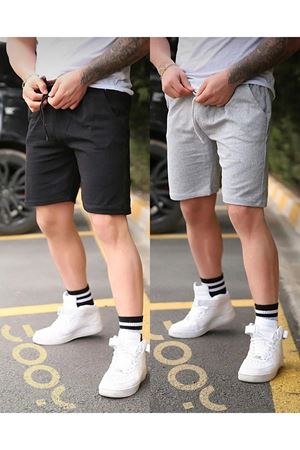 Siyah&gri Kısa Şort 2li Takım - Penye Kordonlu Fit Cepli