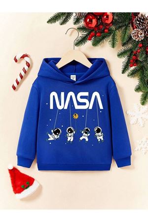 Nasa Astronot Pamuklu Çocuk Sweatshirt - Sax Mavi Baskılı Kız Erkek Çocuk Kışlık Cepli Kapüşonlu