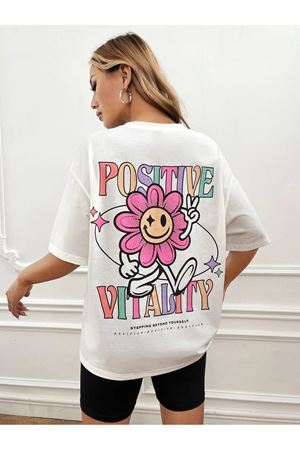 Positive Flower Süprem T-Shirt - Beyaz Baskılı Oversize Bisiklet Yaka Tişört