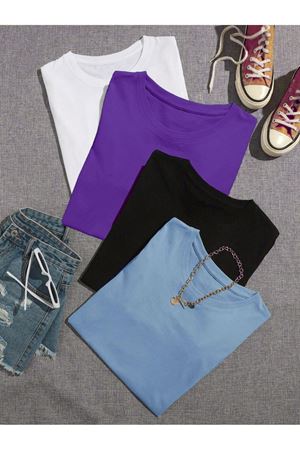 Düz Basic 4'lü Çoklu Kombin T-shirt - Beyaz Mor Siyah Ve Bebe Mavi Oversize Bisiklet Yaka