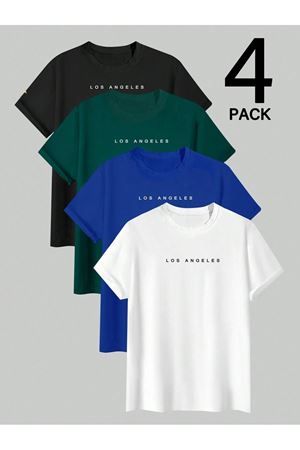 Minimal Losangeles Baskılı Tshirt 4 Lü Siyah Beyaz Saks Mavi Nefti - Oversize Tişört Unisex