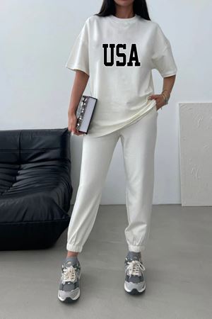 Usa T-shirt Eşofman Altı Jogger-Beyaz Baskılı Alt Üst Eşofman Takım Oversize Bisiklet Yaka