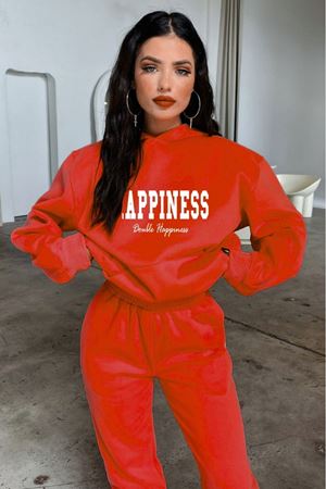 Happiness Eşofman Takımı Sweatshirt Jogger - Kırmızı Baskılı Oversize Şardonlu Kapüşonlu