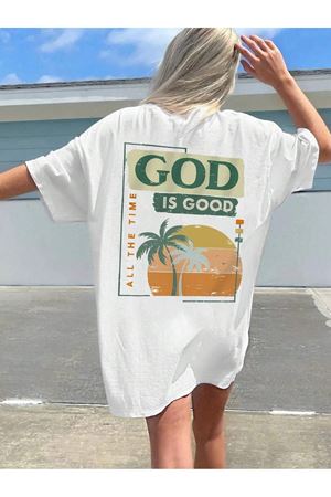 God Good Süprem T-Shirt - Beyaz Baskılı Oversize Bisiklet Yaka Kısa Kol Tişört