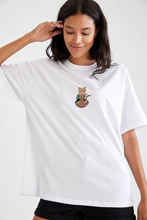 Şef Kedi T-shirt - Beyaz Baskılı Oversize Bisiklet Yaka Kısa Kol Tişört