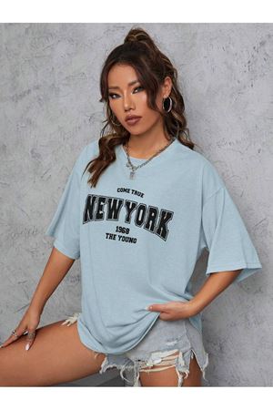 Newyork 1968 Young Süprem T-Shirt - Bebe Mavisi Baskılı Oversize Bisiklet Yaka Kısa Kol Tişört