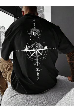 Pusula Süprem T-Shirt - Siyah Baskılı Oversize Bisiklet Yaka Kısa Kol Tişört