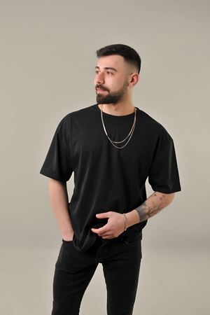 Erkek Düz Basic T-shirt - Siyah Oversize Bisiklet Yaka Kısa Kol Tişört