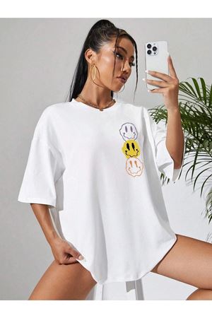 Emoji T-Shirt - Beyaz Baskılı Oversize Bisiklet Yaka Kısa Kol