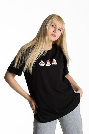 Hayalet T-shirt - Siyah Baskılı Oversize Bisiklet Yaka Kısa Kol Tişört