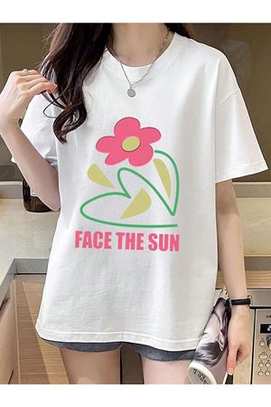 Face The Sun T-shirt - Beyaz Baskılı Oversize Bisiklet Yaka Kısa Kol Tişört