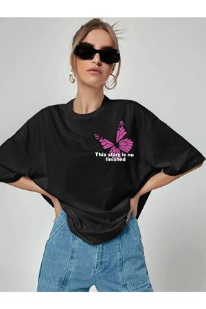 Kelebek Story B T-shirt - Siyah Baskılı Oversize Bisiklet Yaka Kısa Kol Tişört
