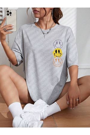 Emoji T-Shirt - Gri Baskılı Oversize Bisiklet Yaka Kısa Kol