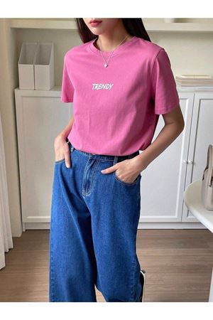 Trendy T-Shirt - Pembe Oversize Baskılı Bisiklet Yaka