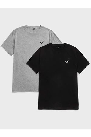 Kuş Minimal 2'li Çoklu Kombin T-shirt - Gri Siyah Baskılı Oversize Bisiklet Yaka