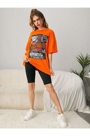 Ayıcık Los Angeles T-shirt - Turuncu Baskılı Oversize Bisiklet Yaka Kısa Kol Tişört
