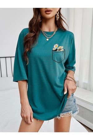 Cep Detay Baskılı T-Shirt - Petrol Yeşili Oversize Bisiklet Yaka Kısa Kol