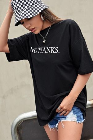 No Thanks T-shirt - Siyah Baskılı Oversize Bisiklet Yaka Kısa Kol Tişört