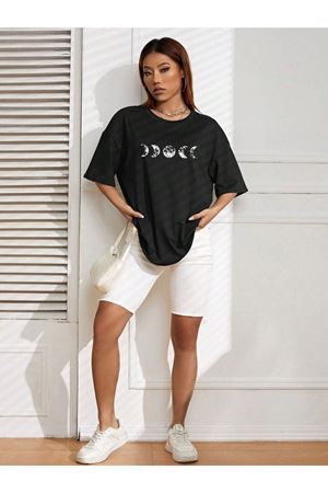 Moon Phase T-Shirt - Siyah Baskılı Oversize Bisiklet Yaka Kısa Kol