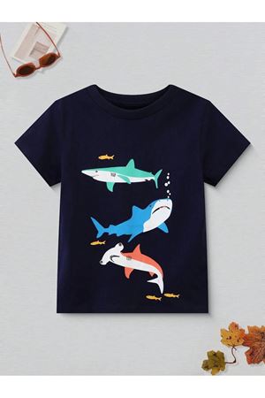 Köpek Balıkları Pamuklu Çocuk T-Shirt- Siyah Baskılı Kız Erkek Çocuk Yazlık Bisiklet Yaka Tişört