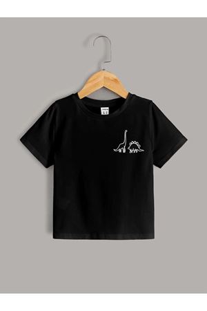 Dinazorlar Pamuklu Çocuk T-Shirt- Siyah Baskılı Kız Erkek Çocuk Yazlık Bisiklet Yaka Tişört