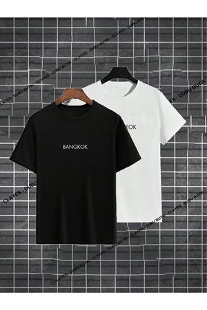 2'li Bangkok T-shirt - Siyah Beyaz Baskılı Oversize Bisiklet Yaka Kısa Kol Tişört
