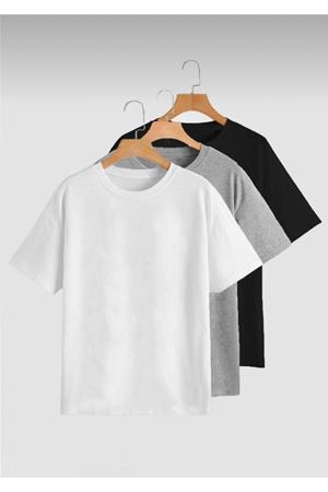 Basic Düz 3'lü Çoklu Kombin T-shirt - Siyah, Beyaz Ve Gri Oversize Bisiklet Yaka