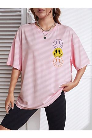 Emoji T-Shirt - Pembe Baskılı Oversize Bisiklet Yaka Kısa Kol
