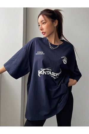 Fantastıc Süprem T-shirt - Lacivert Baskılı Oversize Bisiklet Yaka Kısa Kol Tişört