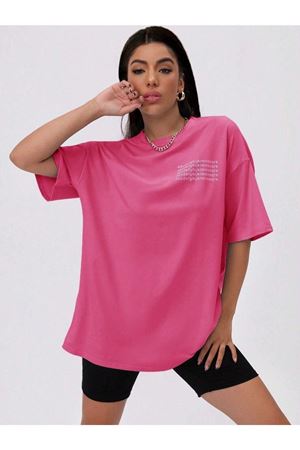 Alfabe T-Shirt - Pembe Baskılı Oversize Bisiklet Yaka Kısa Kol