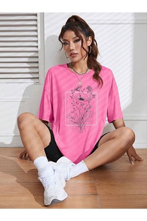 Floral Desen T-shirt - Pembe Baskılı Oversize Bisiklet Yaka Kısa Kol Tişört