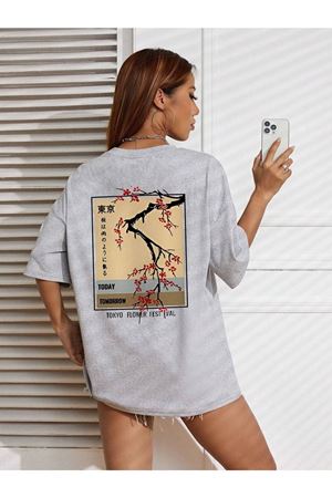 Flower Festival T-Shirt - Gri Baskılı Oversize Bisiklet Yaka Kısa Kol