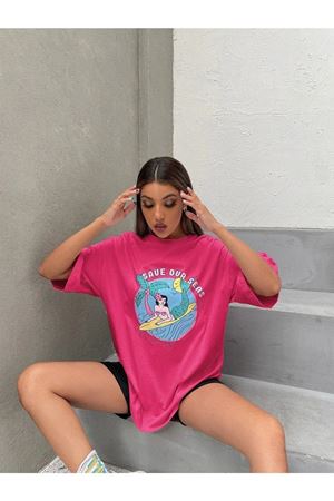 Save Our Seas T-shirt - Pembe Baskılı Oversize Bisiklet Yaka Kısa Kol Tişört
