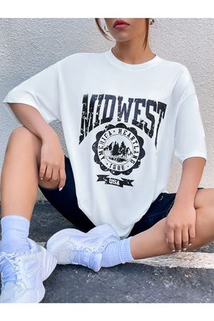 Beyaz Oversize Midwest Series 6 T-shirt - Oversize Baskılı