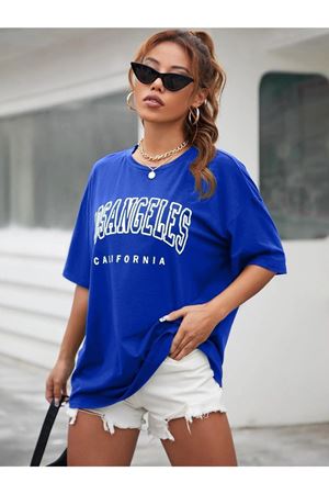 Los Angeles T-shirt - Saks Mavi Baskılı Oversize Bisiklet Yaka Kısa Kol Tişört