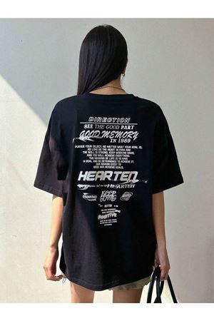Hearten T-shirt - Siyah Baskılı Oversize Bisiklet Yaka Kısa Kol Tişört