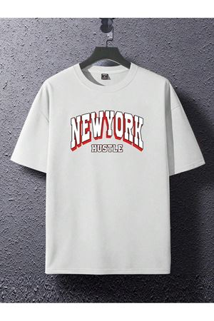 Newyork Hustle Süprem T-Shirt - Beyaz Baskılı Oversize Bisiklet Yaka Kısa Kol Tişört