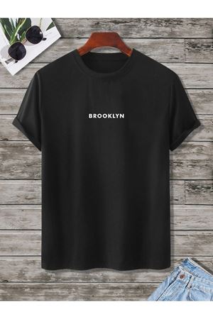 Brooklyn Minimal T-shirt - Siyah Baskılı Oversize Bisiklet Yaka Kısa Kol Tişört