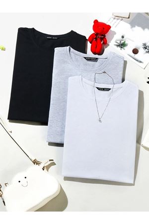 Düz Basic 3'lü Çoklu Kombin T-shirt - Siyah Gri Ve Beyaz Oversize Bisiklet Yaka