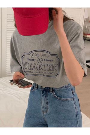 Hearten Süprem T-Shirt - Gri Baskılı Oversize Bisiklet Yaka Kısa Kol Tişört