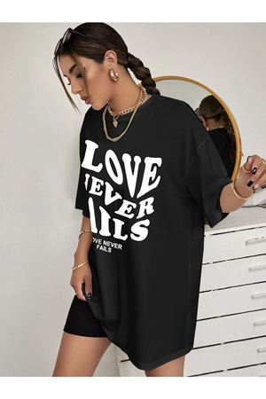 Love Neverfails T-shirt - Siyah Baskılı Oversize Bisiklet Yaka Kısa Kol Tişört