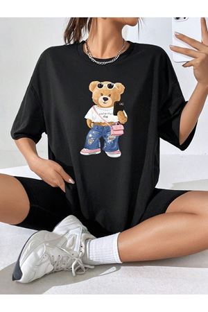Colorful Bear Süprem T-Shirt - Siyah Baskılı Oversize Bisiklet Yaka Kısa Kol Tişört