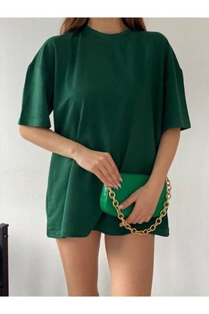 Düz Basic T-shirt - Zümrüt Yeşil Oversize Bisiklet Yaka Kısa Kol Tişört