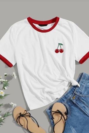 Kiraz Baskılı T-shirt - Kırmızı Beyaz Oversize Bisiklet Yaka Kısa Kol Tişört