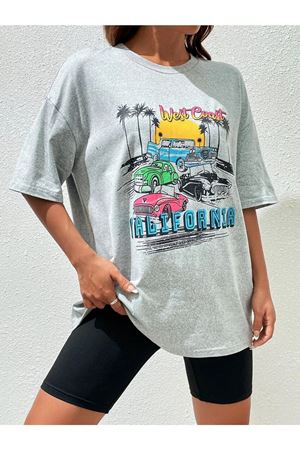 California Arabalar T-shirt - Gri Baskılı Oversize Bisiklet Yaka Kısa Kol Tişört