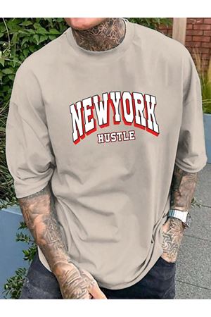 Newyork Hustle Süprem T-Shirt - Bej Baskılı Oversize Bisiklet Yaka Kısa Kol Tişört