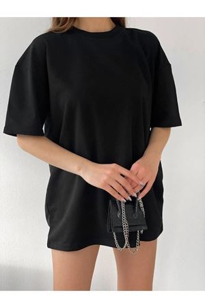 Unisex Siyah Pamuklu Oversize T-shirt - Bisiklet Yaka